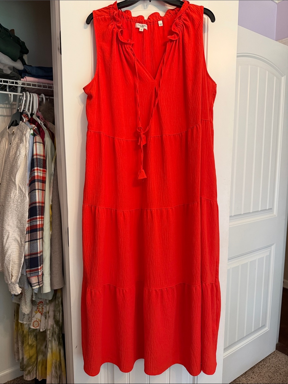 Max Studio Red Sleeveless Tiered Maxi Dress with Tassel Tie
